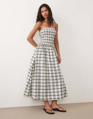 Trägerloses Seersucker-Midikleid mit gerafftem Oberteil und durchgehendem Karomuster-Schwarz Schwarz S