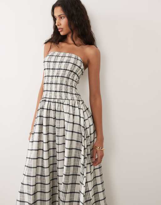 Brave Soul – Trägerloses Seersucker-Midikleid mit gerafftem Oberteil und durchgehendem Karomuster , 2 von 4