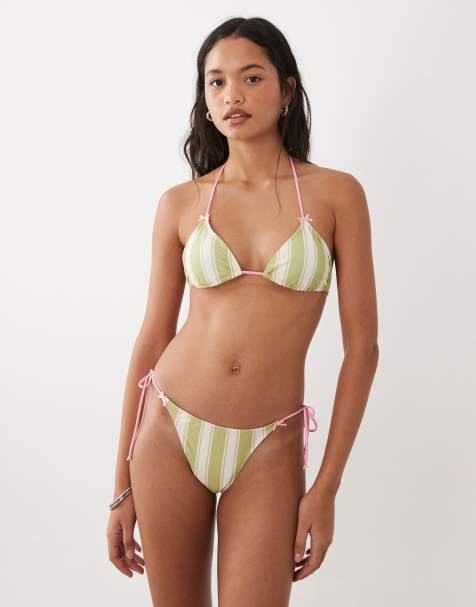 Brave Soul  triangle bikini top & bottoms with bow detail in green and pink stripe - view 1