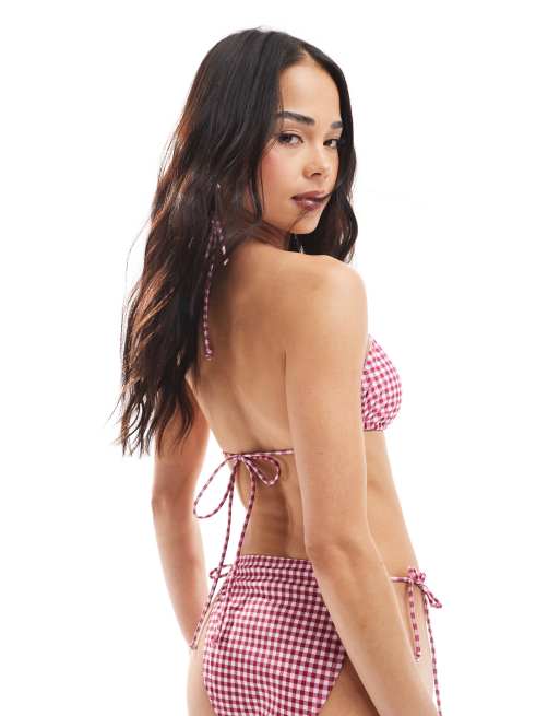 Brave Soul triangle bikini top in red gingham, 2 of 4