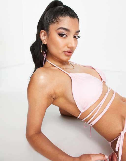 Brave Soul triangle bikini top with cross strap detail in light pink