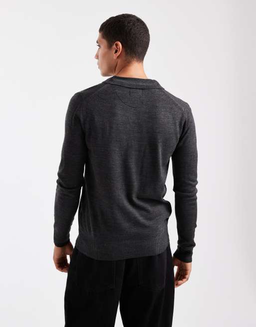 Brave Soul trophy collar knit sweater in charcoal gray, 3 of 5
