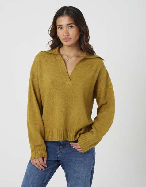 Brave Soul Trophy neck drop shoulder knitted jumper in olive - view 1