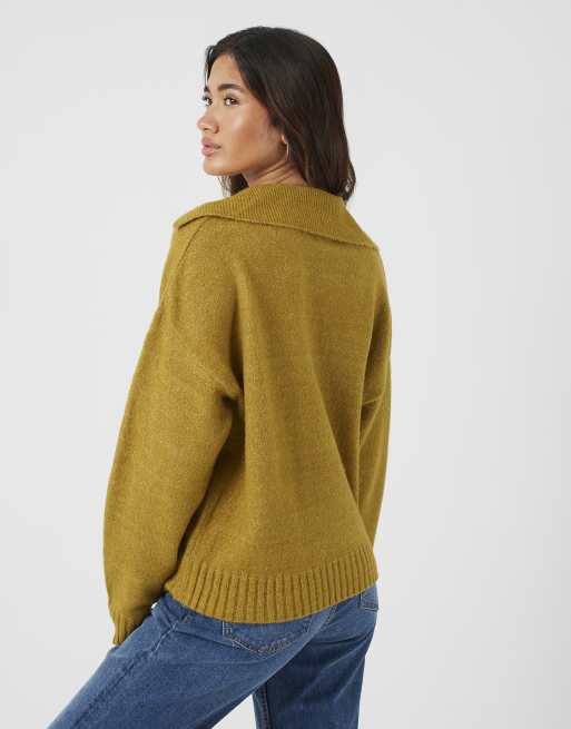Brave Soul Trophy neck drop shoulder knitted jumper in olive, 2 of 4