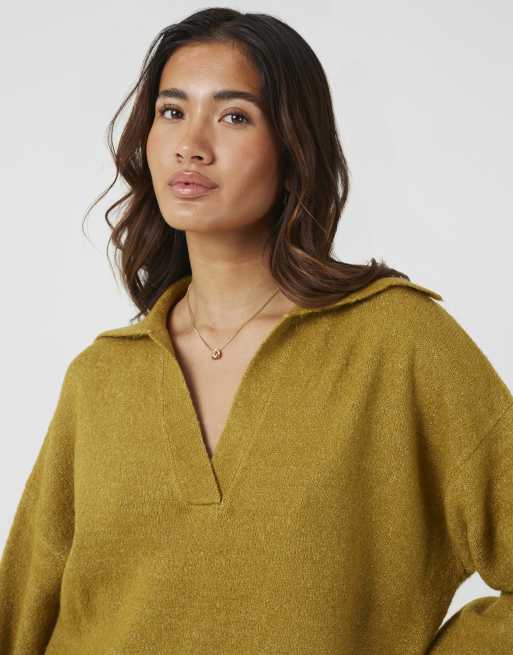 Brave Soul Trophy neck drop shoulder knitted jumper in olive, 4 of 4