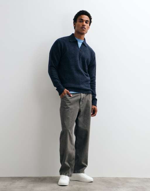 Brave Soul trophy neck jumper in navy marl, 2 of 5