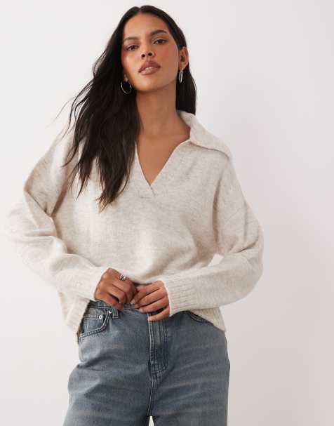 Brave Soul trophy neck knit sweater in oat - view 1
