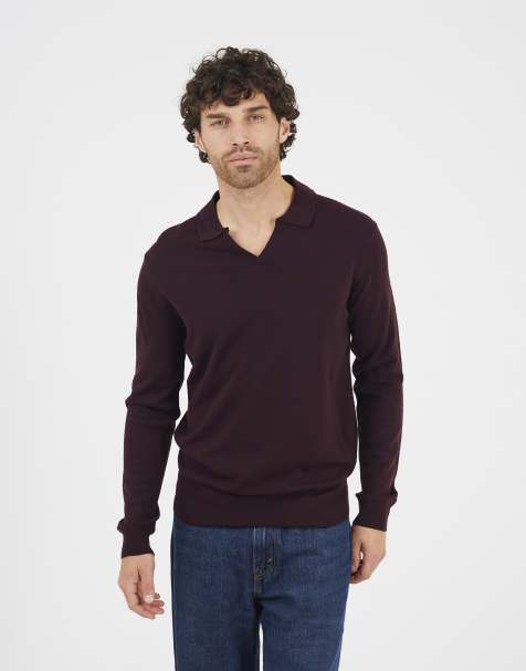 Brave Soul Trophy neck knitted polo in burgundy