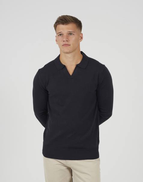 Brave Soul Trophy neck knitted polo in navy