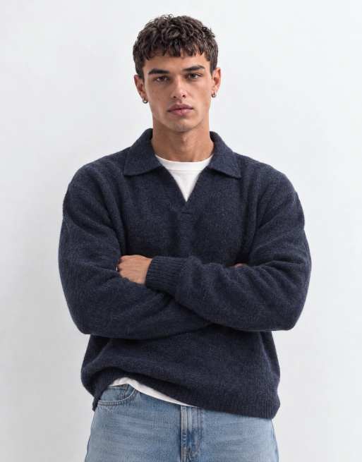 Brave Soul trophy neck sweater in navy heather, 7 of 10