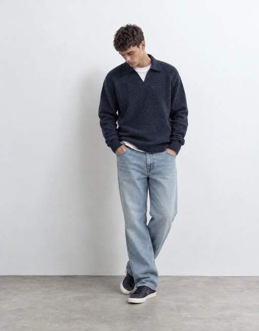 Brave Soul trophy neck sweater in navy heather, 9 of 10
