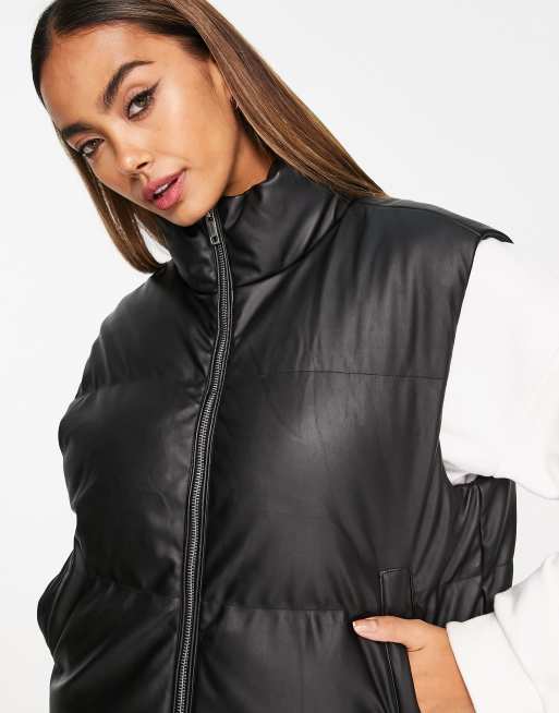 Brave Soul tropic faux leather padded gilet in black ASOS