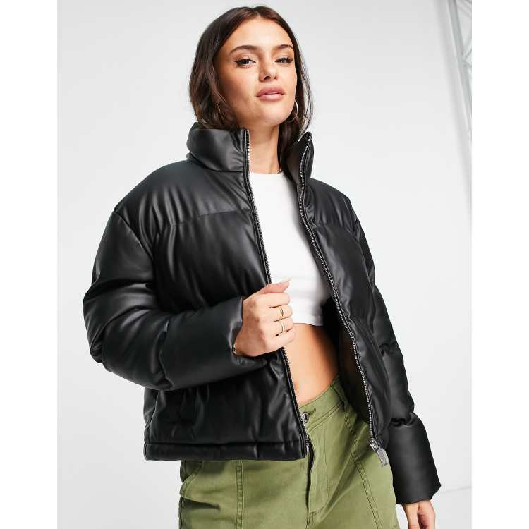 Brave Soul tropic faux leather puffer jacket in black