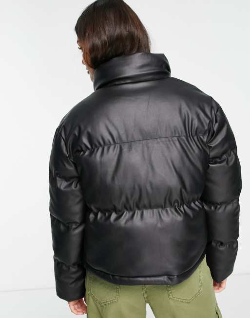 Brave Soul Tropic faux leather puffer jacket in black