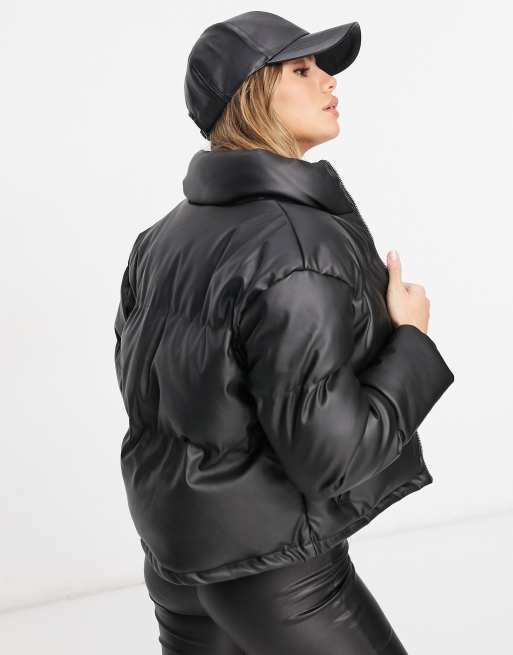 Brave Soul Tropic faux leather puffer jacket in black, 2 of 4
