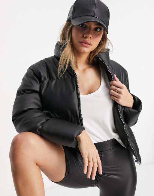 Brave Soul Tropic faux leather puffer jacket in black, 3 of 4