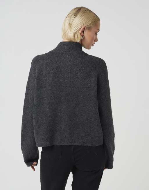 Brave Soul Turtle neck knitted bomber style jacket in charcoal, 2 of 4