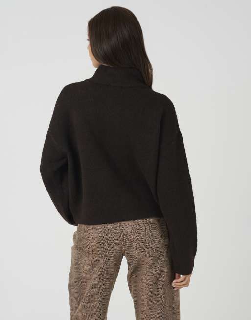 Brave Soul Turtle neck knitted bomber style jacket in chocolate, 2 of 4