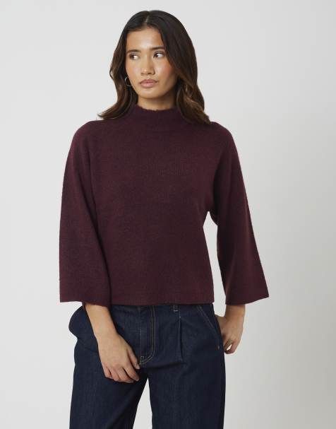 Brave Soul Turtle neck loose fit knitted t-shirt in wine - view 1