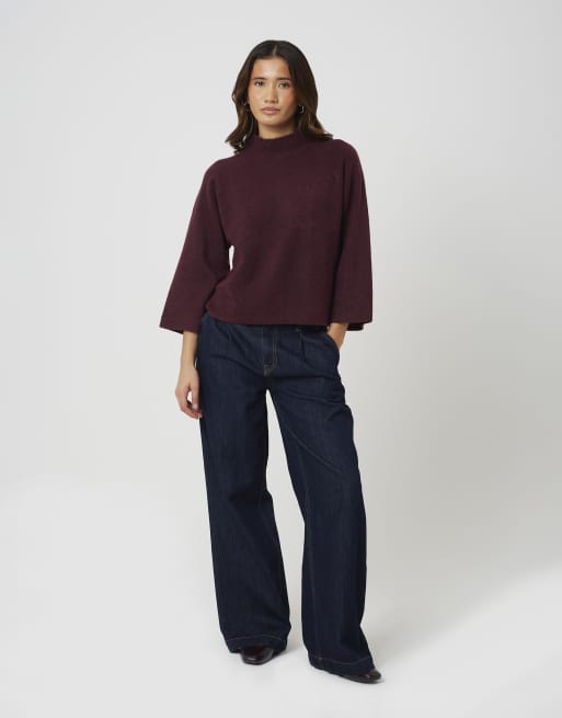 Brave Soul Turtle neck loose fit knitted t-shirt in wine, 3 of 4