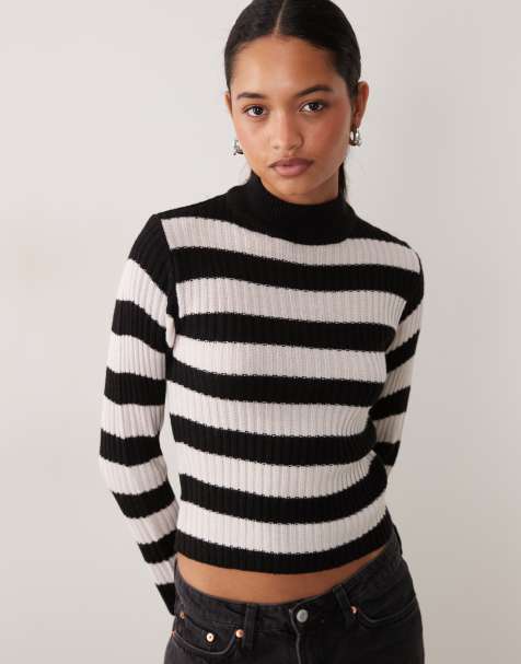 Brave Soul turtle neck ribbed sweater in white and black stripes - view 1