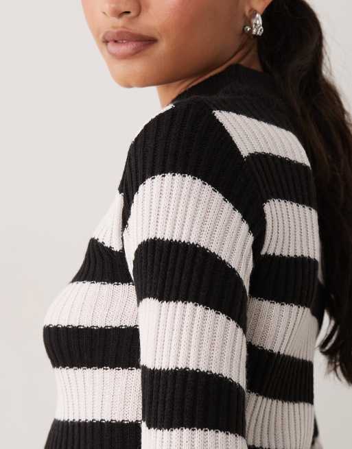 Brave Soul turtle neck ribbed sweater in white and black stripes, 3 of 4