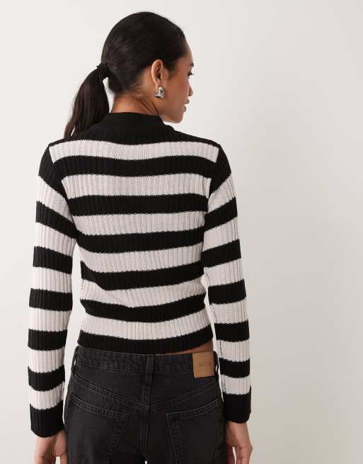 Brave Soul turtle neck ribbed sweater in white and black stripes, 4 of 4