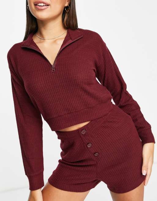 Brave Soul - Tuta da casa con top con scollo a imbuto e pantaloncini in piqué bordeaux