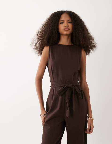 Brave Soul - Tuta jumpsuit dritta effetto lino marrone cioccolato con allacciatura in vita - view 1