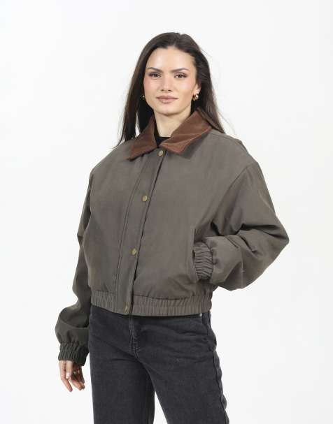 Brave Soul Twill bomber style jacket with cord collar in khaki - view 1