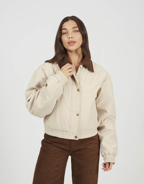 Brave Soul Twill bomber style jacket with cord collar in stone - view 1