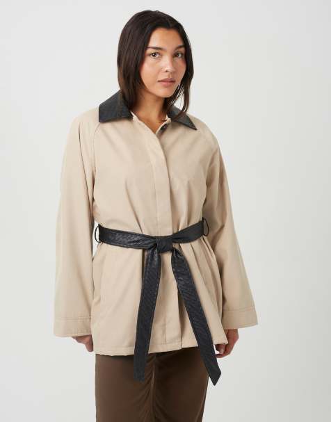 Brave Soul Twill moss belted trench coat in stone - view 1