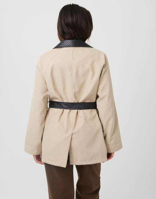 Brave Soul Twill moss belted trench coat in stone, 2 of 4