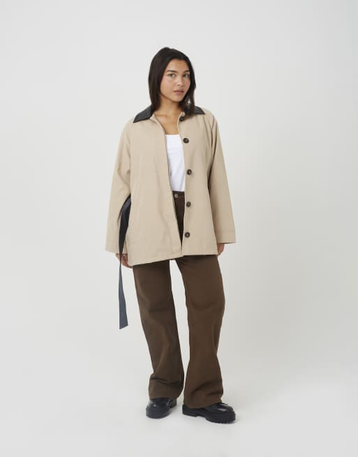 Brave Soul Twill moss belted trench coat in stone, 3 of 4