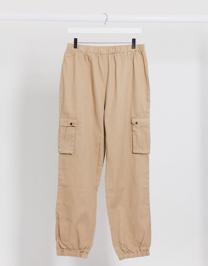 Brave Soul utility trousers with elasticated waist in stone
