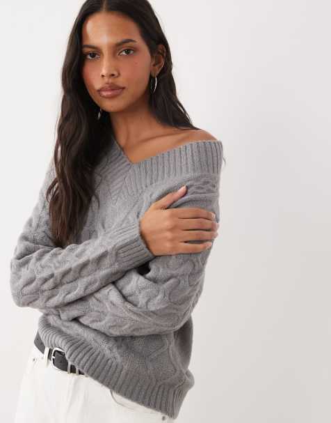 Brave Soul v-neck argyle knit jumper in light grey - view 1