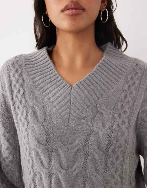 Brave Soul v-neck argyle knit jumper in light grey, 3 of 4