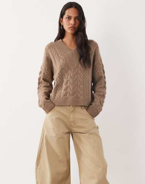 Brave Soul v-neck argyle knit jumper in mocha - view 1