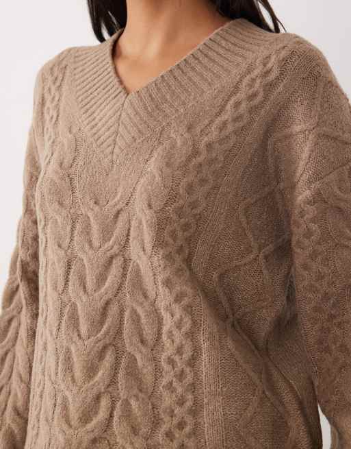 Brave Soul v-neck argyle knit jumper in mocha, 3 of 4