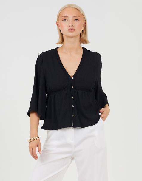 Brave Soul V-neck button down top with lace detail in black - view 1