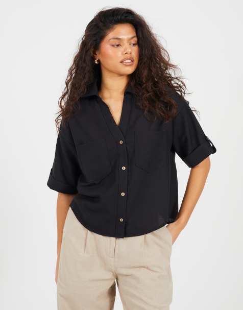 Brave Soul V-neck button through short sleeve shirt in black - view 1