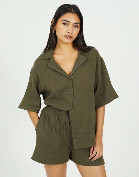 Brave Soul V-neck button through short sleeve shirt in khaki - view 1