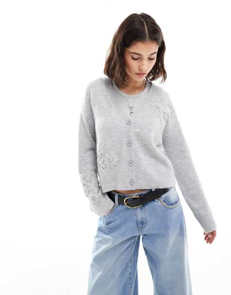 Brave Soul v-neck cardigan with flower embroider detail in light grey - view 1