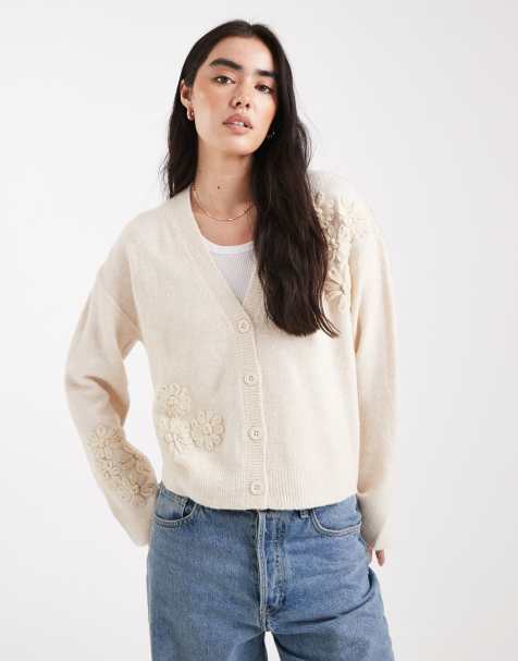 Brave Soul v-neck cardigan with flower embroider detail in stone - view 1