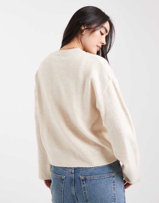 Brave Soul v neck cardigan with flower embroidery detail in stone, 3 of 4