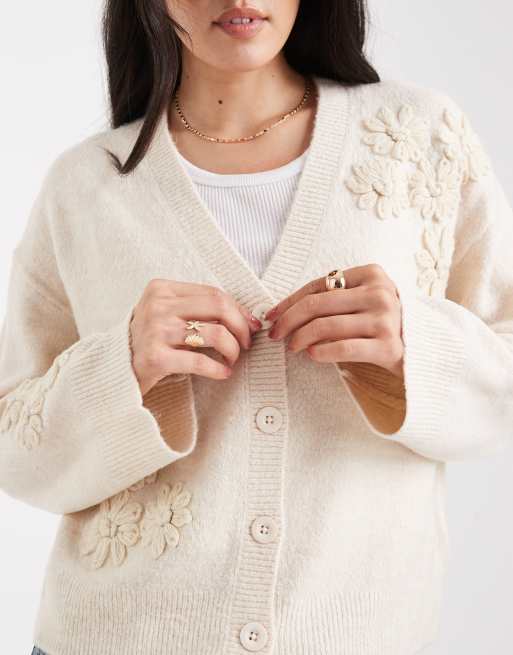 Brave Soul v neck cardigan with flower embroidery detail in stone, 4 of 4
