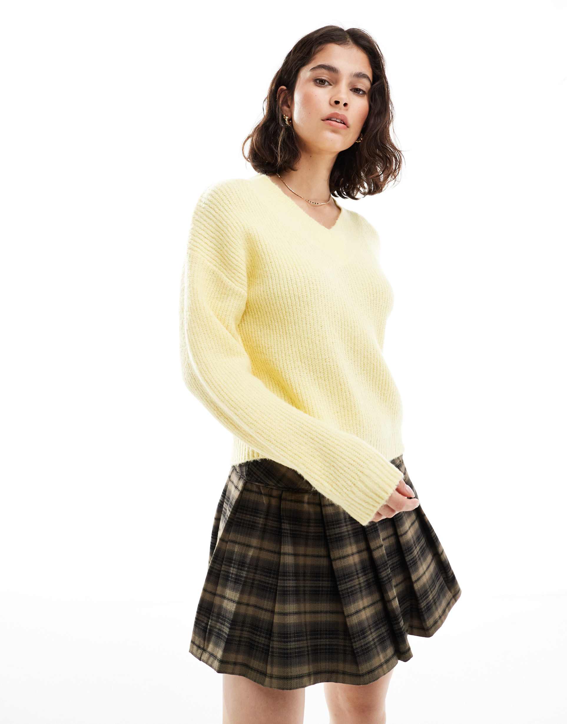 brave soul v-neck fisherman knit sweater in butter yellow