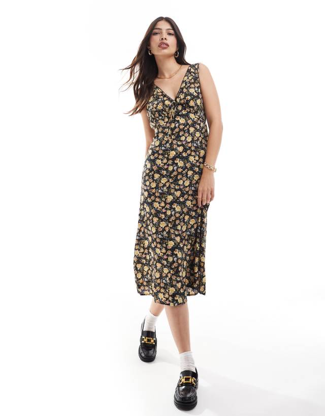 Brave Soul - v neck floral print midi dress in black