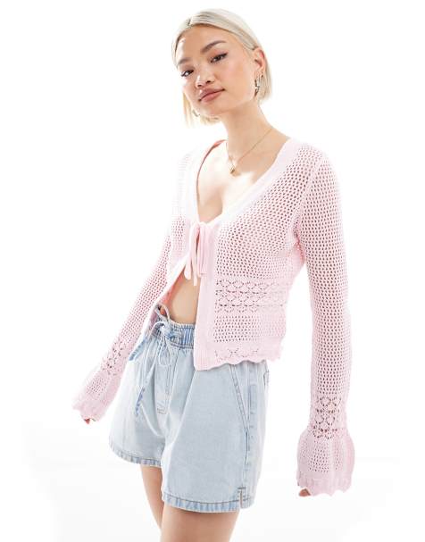 Brave Soul v-neck knitted cardigan with flared cuff in pink - view 1