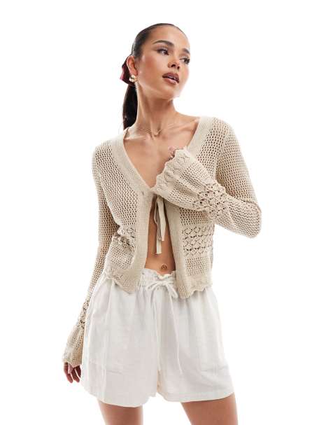 Brave Soul v-neck knitted cardigan with flared cuff in stone - view 1